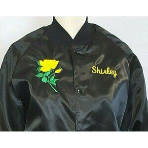 Womens Satin Bomber Windbreaker Jacket M Embroidered Black Flannel Lined USA